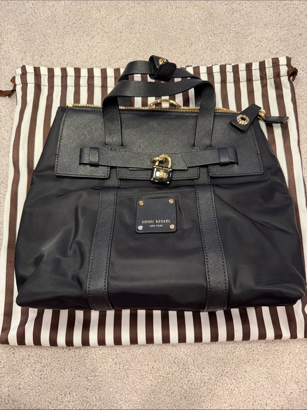 henri bendel Black Tote with Gold-Tone Lock Detail